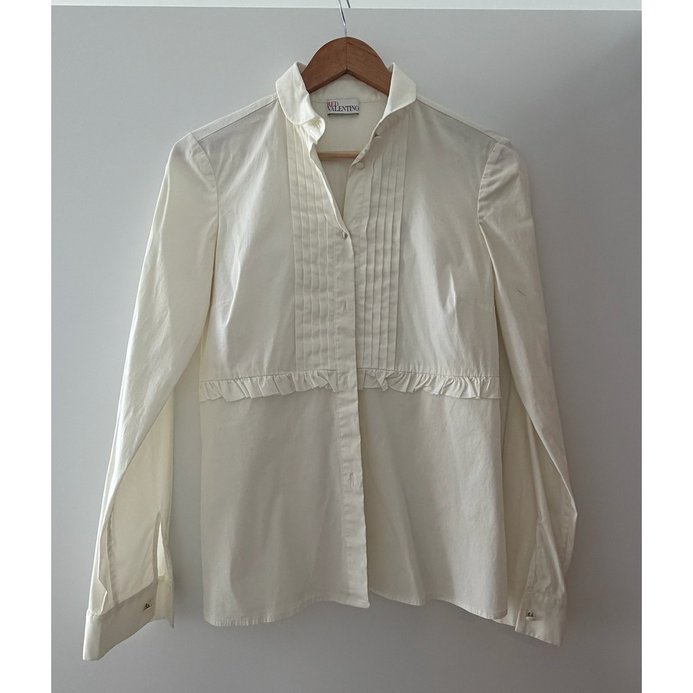 Worn Once. RED Valentino Womens Cream Pintuck Ruffle Button Down Long Sleeve Top